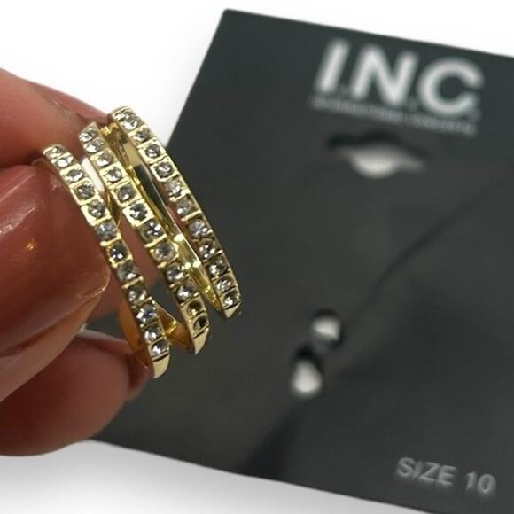 NEW INC Macy's Gold Triple Band Pavé Crystal Statement Ring Size 10 Rhinestone - Picture 1 of 9